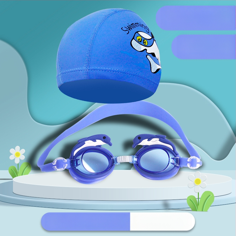 Bērnu peldēšanas brilles ar karikatūru dizainu, PC lēcas, ūdensdrošas un pret miglošanos, komplektā peldcepure