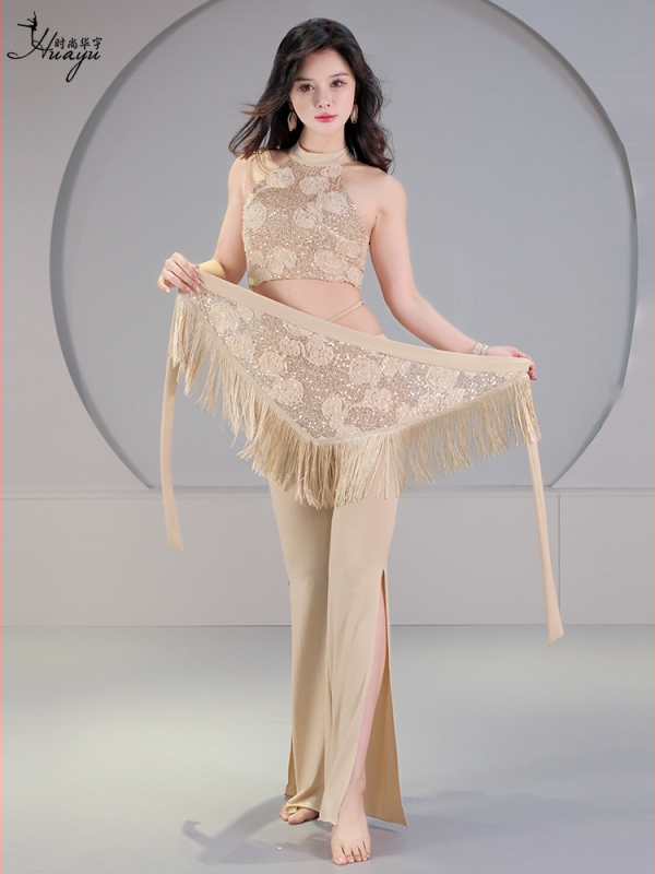 Pilvo šokio kostiumo komplektas su 3D sequin gėlėmis, krištolo medvilnė ir tinklas, pagrindinis audinys spandeksas, 2023 vasara, moterims 25–29