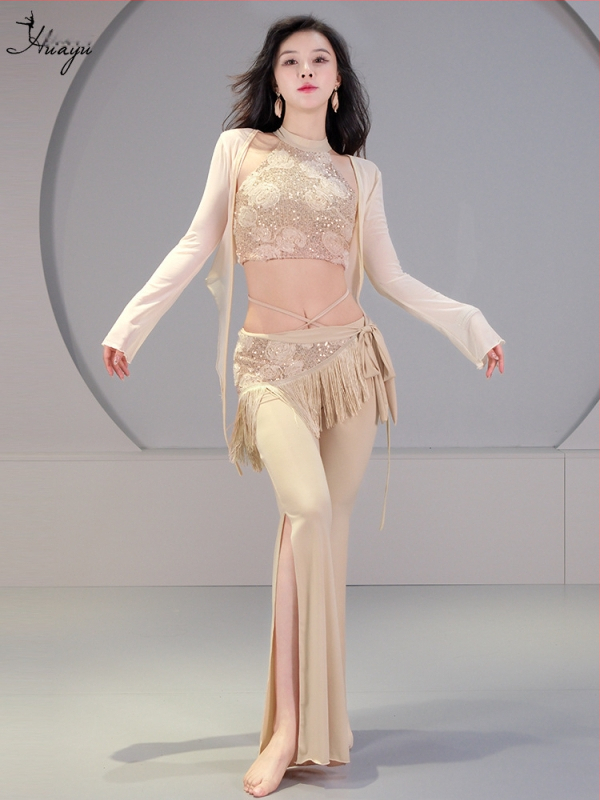 Pilvo šokio kostiumo komplektas su 3D sequin gėlėmis, krištolo medvilnė ir tinklas, pagrindinis audinys spandeksas, 2023 vasara, moterims 25–29