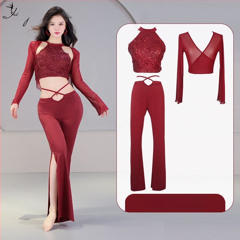 Pilvo šokio kostiumo komplektas su 3D sequin gėlėmis, krištolo medvilnė ir tinklas, pagrindinis audinys spandeksas, 2023 vasara, moterims 25–29