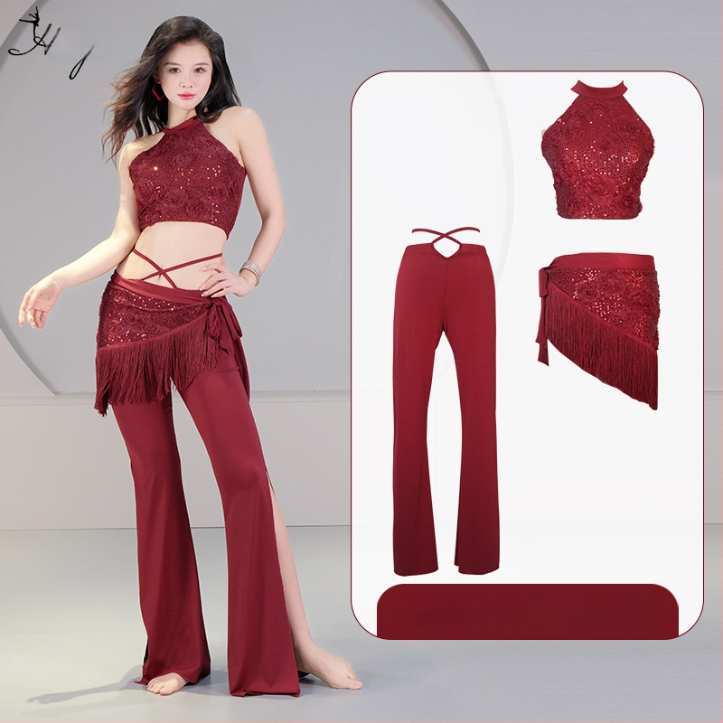 Pilvo šokio kostiumo komplektas su 3D sequin gėlėmis, krištolo medvilnė ir tinklas, pagrindinis audinys spandeksas, 2023 vasara, moterims 25–29