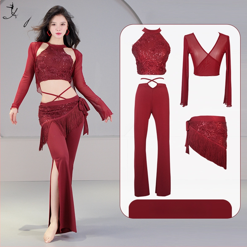 Pilvo šokio kostiumo komplektas su 3D sequin gėlėmis, krištolo medvilnė ir tinklas, pagrindinis audinys spandeksas, 2023 vasara, moterims 25–29