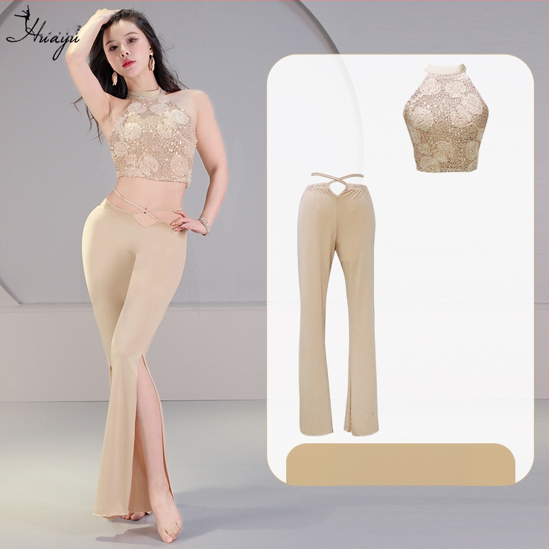 Pilvo šokio kostiumo komplektas su 3D sequin gėlėmis, krištolo medvilnė ir tinklas, pagrindinis audinys spandeksas, 2023 vasara, moterims 25–29