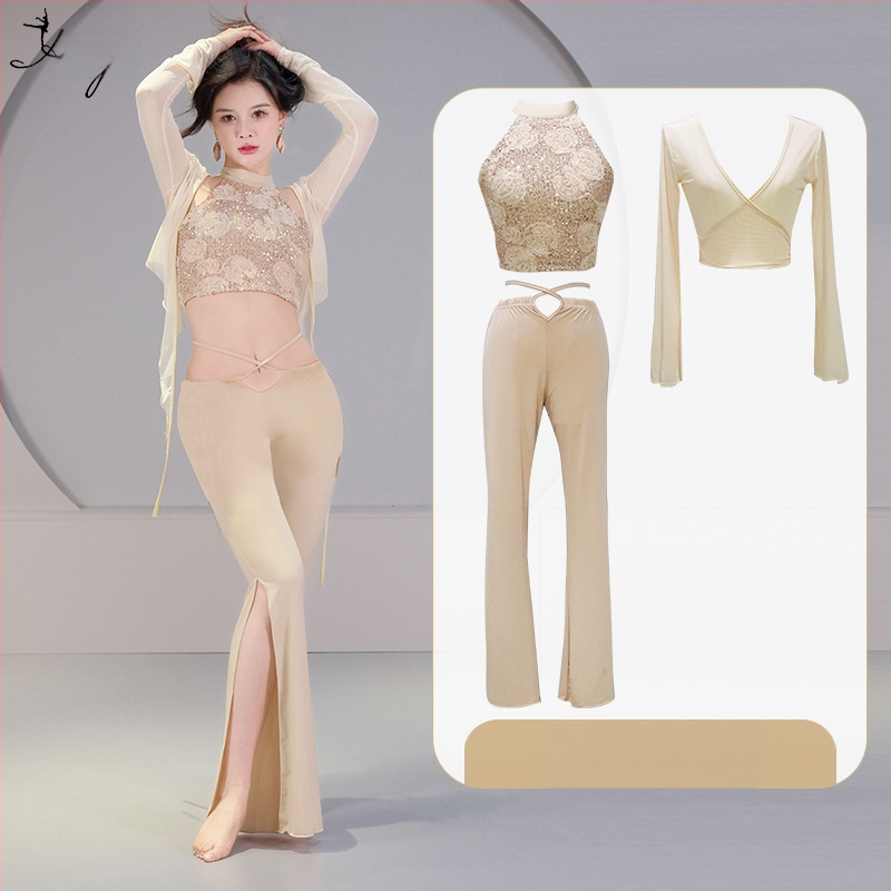 Pilvo šokio kostiumo komplektas su 3D sequin gėlėmis, krištolo medvilnė ir tinklas, pagrindinis audinys spandeksas, 2023 vasara, moterims 25–29