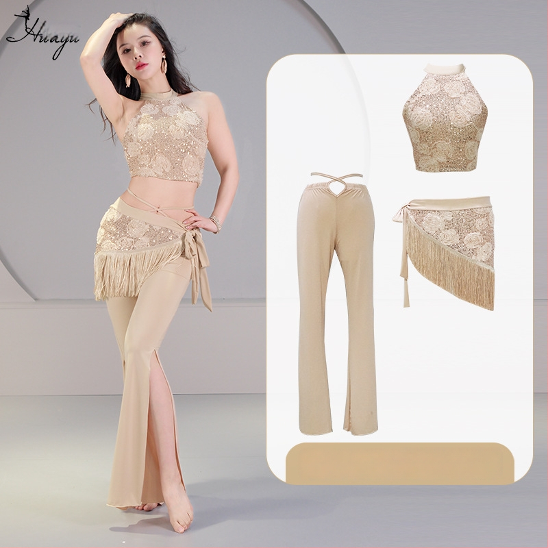 Pilvo šokio kostiumo komplektas su 3D sequin gėlėmis, krištolo medvilnė ir tinklas, pagrindinis audinys spandeksas, 2023 vasara, moterims 25–29