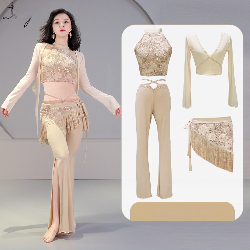 Pilvo šokio kostiumo komplektas su 3D sequin gėlėmis, krištolo medvilnė ir tinklas, pagrindinis audinys spandeksas, 2023 vasara, moterims 25–29