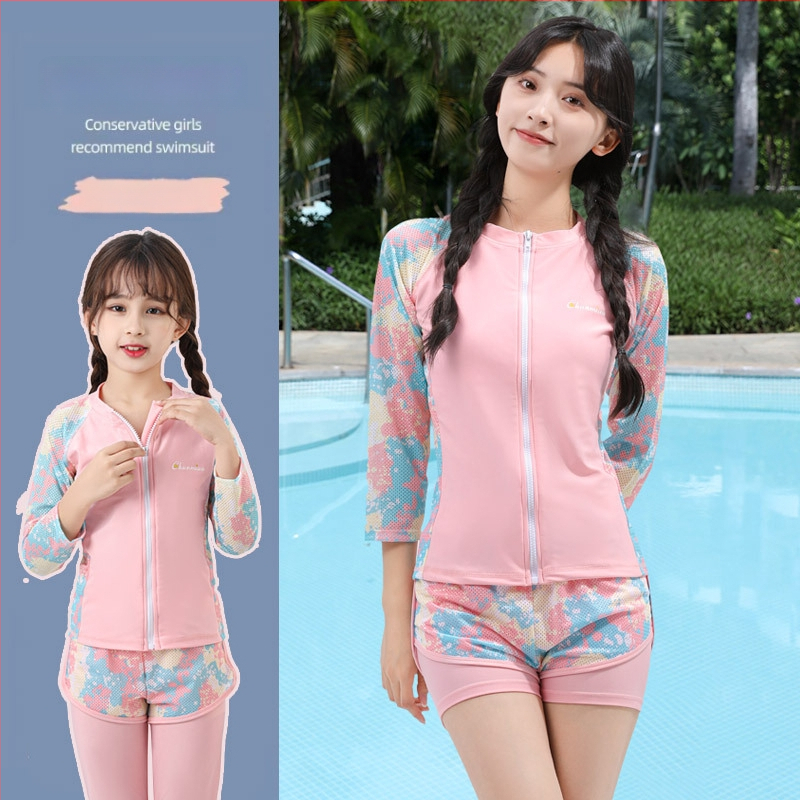 Mergaičių dviejų dalių UV apsaugos maudymosi kostiumėlis, poliesterio audinys su pamušalu, plaukiojimui