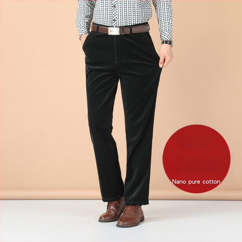 Vyriski žieminiai kasdieniai kelniai iš Corduroy su fleece pamušalu, aukštas liemuo, tiesus kirpimas, užtrauktukas