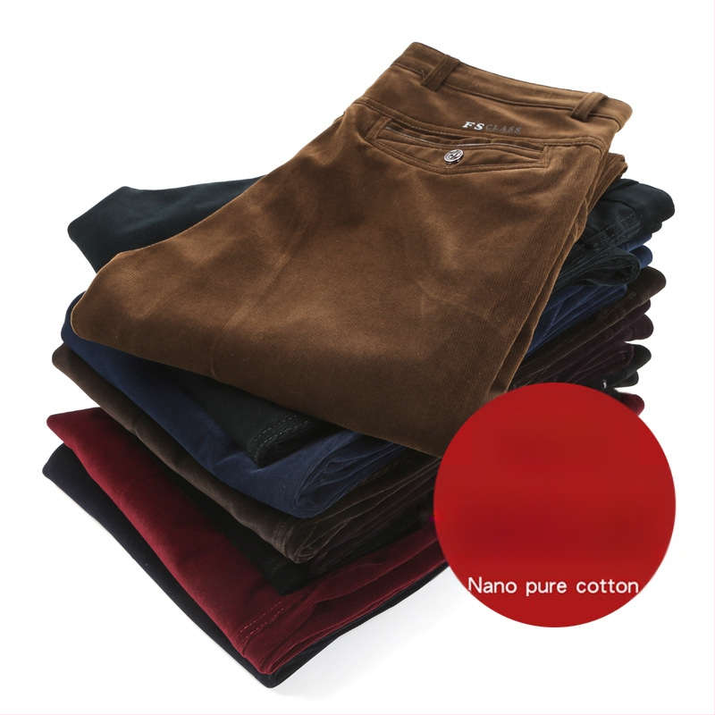 Vyriski žieminiai kasdieniai kelniai iš Corduroy su fleece pamušalu, aukštas liemuo, tiesus kirpimas, užtrauktukas