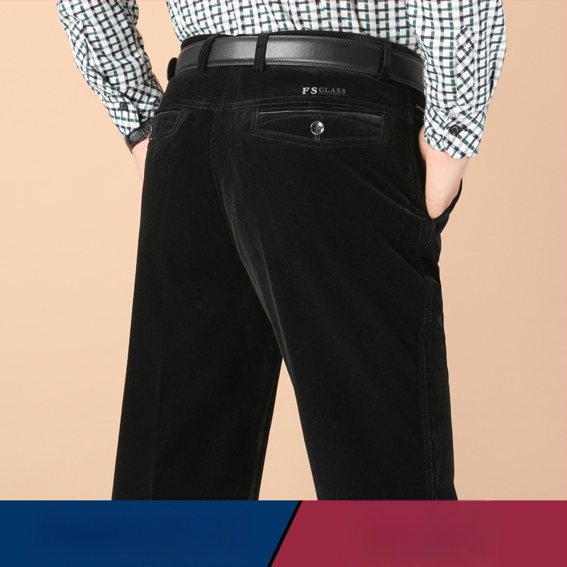 Vyriski žieminiai kasdieniai kelniai iš Corduroy su fleece pamušalu, aukštas liemuo, tiesus kirpimas, užtrauktukas