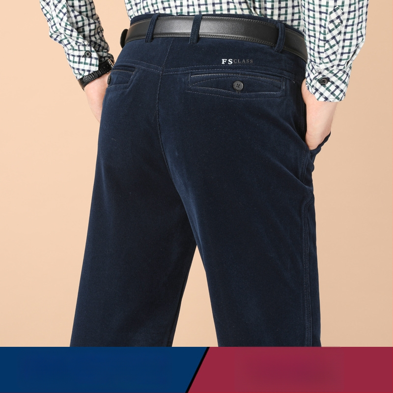 Vyriski žieminiai kasdieniai kelniai iš Corduroy su fleece pamušalu, aukštas liemuo, tiesus kirpimas, užtrauktukas