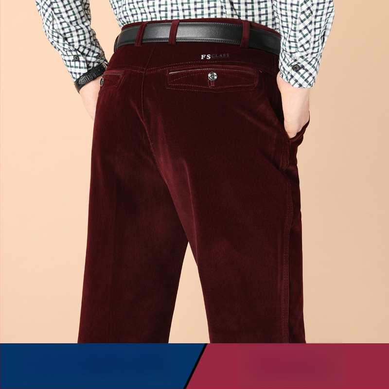 Vyriski žieminiai kasdieniai kelniai iš Corduroy su fleece pamušalu, aukštas liemuo, tiesus kirpimas, užtrauktukas