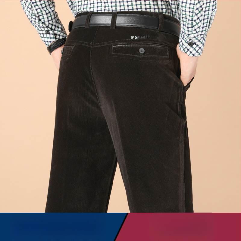 Vyriski žieminiai kasdieniai kelniai iš Corduroy su fleece pamušalu, aukštas liemuo, tiesus kirpimas, užtrauktukas