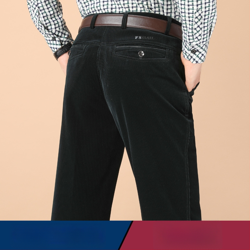 Vyriski žieminiai kasdieniai kelniai iš Corduroy su fleece pamušalu, aukštas liemuo, tiesus kirpimas, užtrauktukas