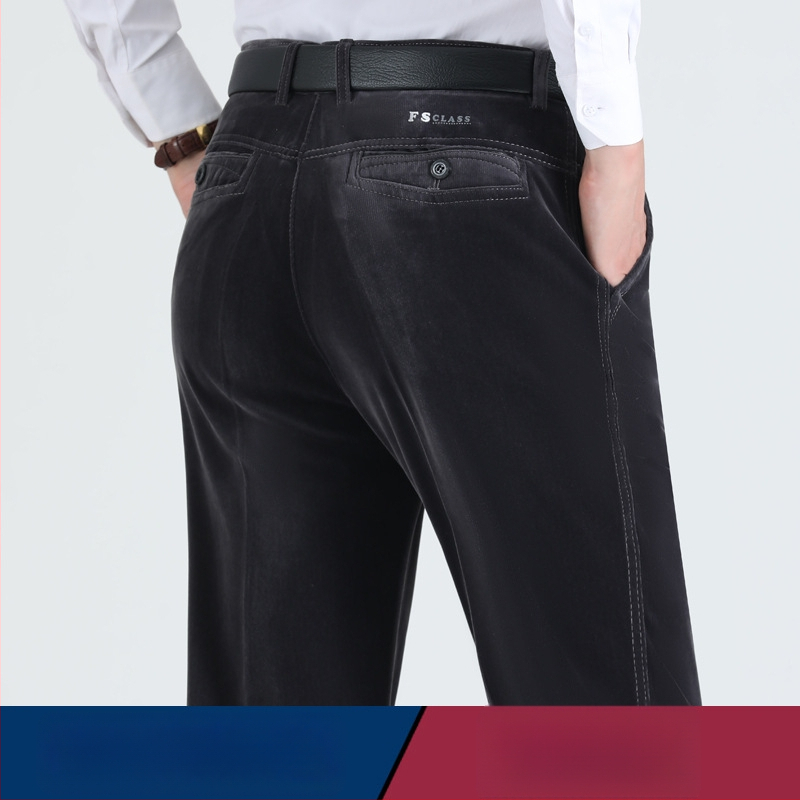 Vyriski žieminiai kasdieniai kelniai iš Corduroy su fleece pamušalu, aukštas liemuo, tiesus kirpimas, užtrauktukas