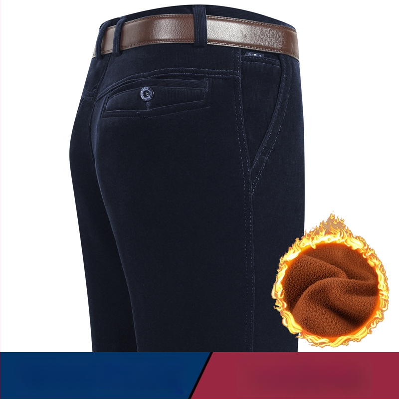 Vyriski žieminiai kasdieniai kelniai iš Corduroy su fleece pamušalu, aukštas liemuo, tiesus kirpimas, užtrauktukas