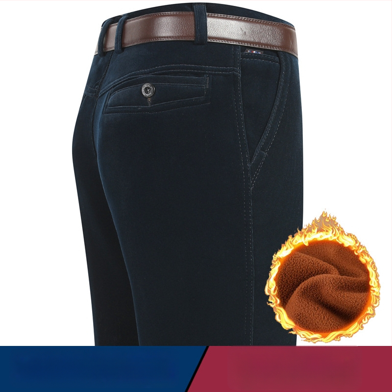 Vyriski žieminiai kasdieniai kelniai iš Corduroy su fleece pamušalu, aukštas liemuo, tiesus kirpimas, užtrauktukas