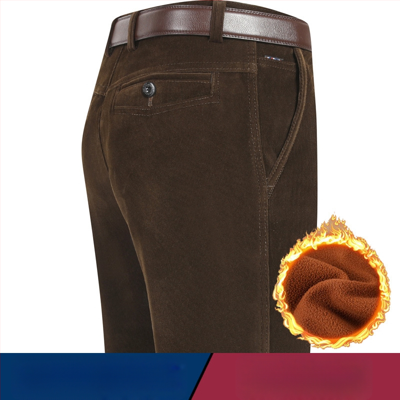 Vyriski žieminiai kasdieniai kelniai iš Corduroy su fleece pamušalu, aukštas liemuo, tiesus kirpimas, užtrauktukas