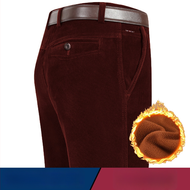 Vyriski žieminiai kasdieniai kelniai iš Corduroy su fleece pamušalu, aukštas liemuo, tiesus kirpimas, užtrauktukas