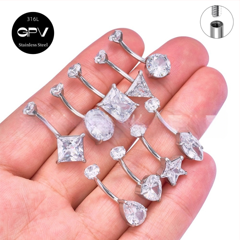 Köldökgyűrű titániumötvözetből, szív alakú, cirkón kövek négyszög, téglalap, háromszög, kör vagy szív formában