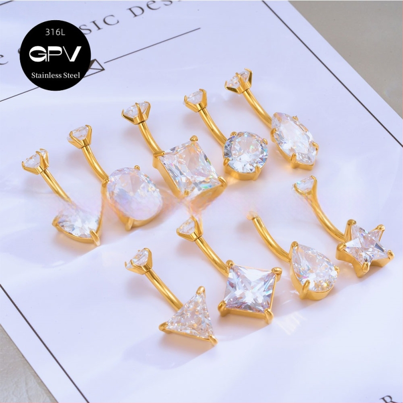 Köldökgyűrű titániumötvözetből, szív alakú, cirkón kövek négyszög, téglalap, háromszög, kör vagy szív formában