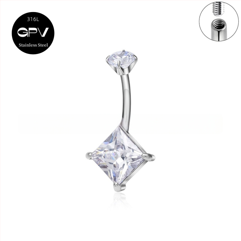 Köldökgyűrű titániumötvözetből, szív alakú, cirkón kövek négyszög, téglalap, háromszög, kör vagy szív formában