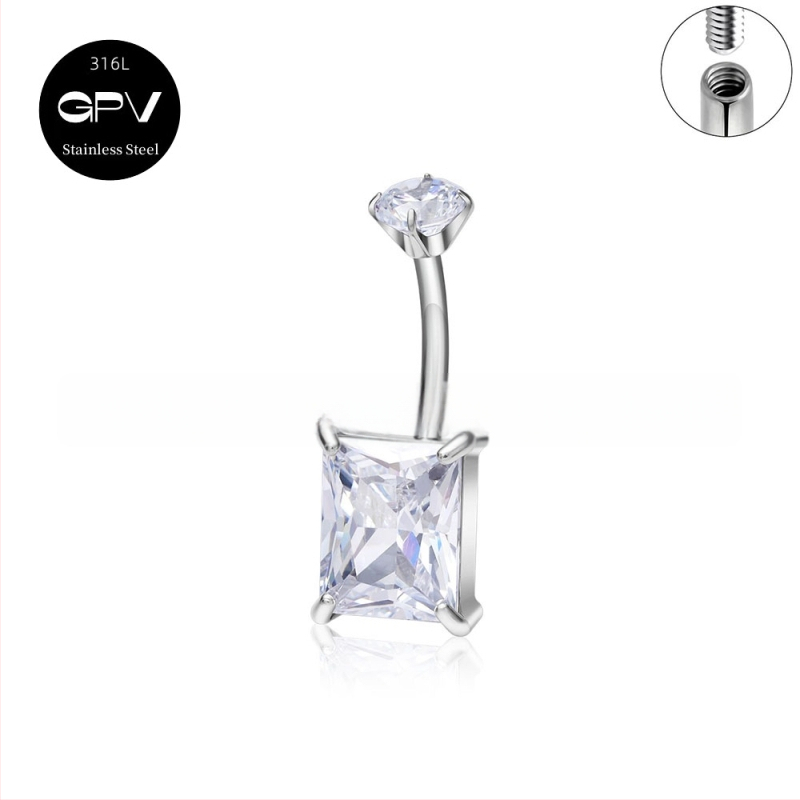 Köldökgyűrű titániumötvözetből, szív alakú, cirkón kövek négyszög, téglalap, háromszög, kör vagy szív formában