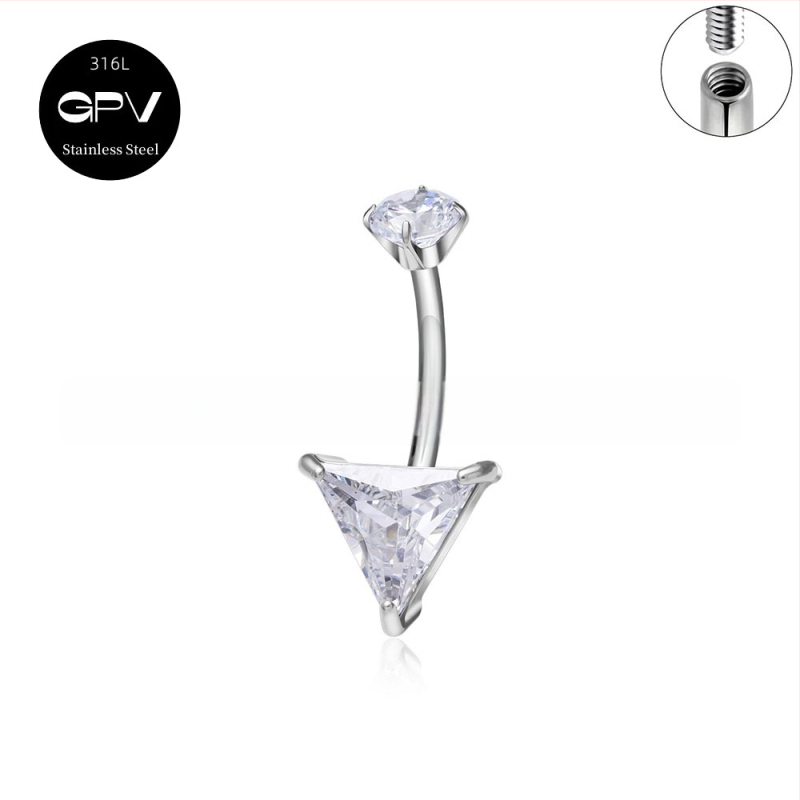 Köldökgyűrű titániumötvözetből, szív alakú, cirkón kövek négyszög, téglalap, háromszög, kör vagy szív formában