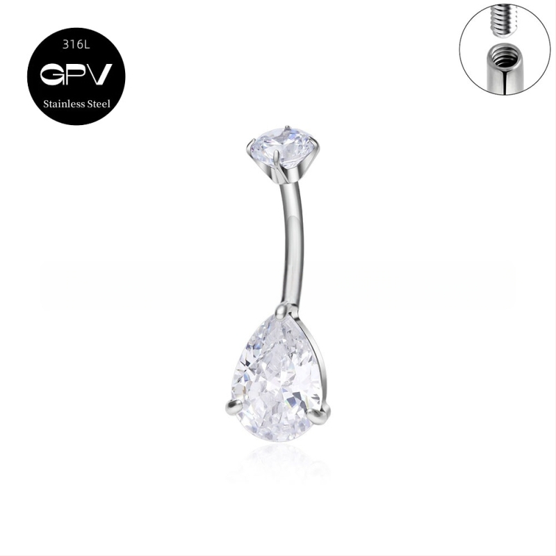 Köldökgyűrű titániumötvözetből, szív alakú, cirkón kövek négyszög, téglalap, háromszög, kör vagy szív formában