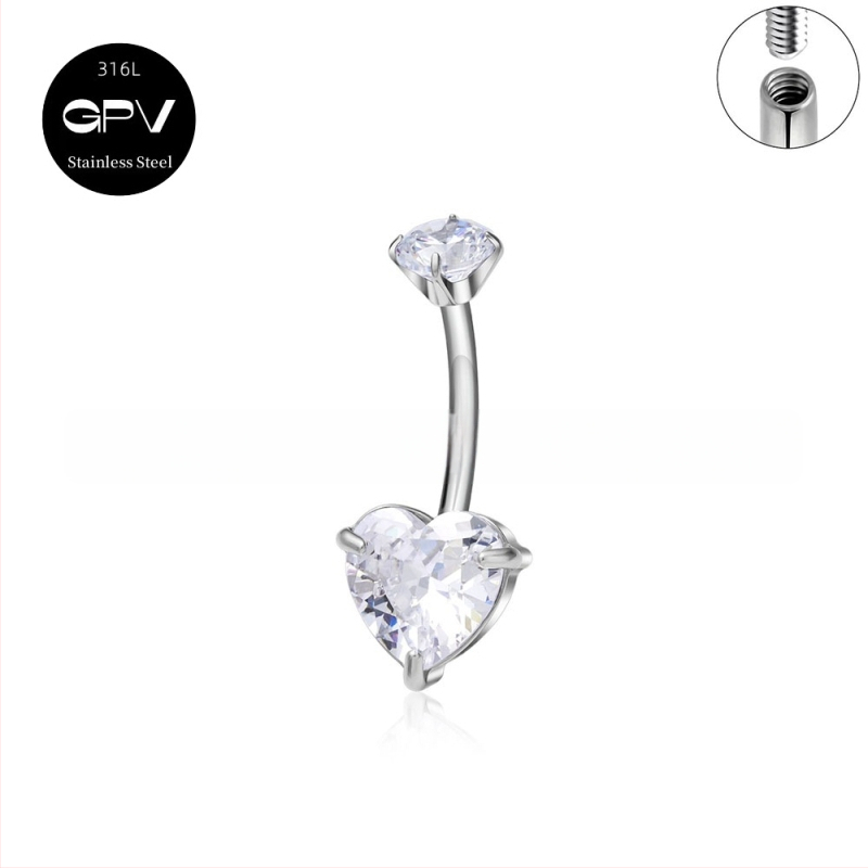 Köldökgyűrű titániumötvözetből, szív alakú, cirkón kövek négyszög, téglalap, háromszög, kör vagy szív formában