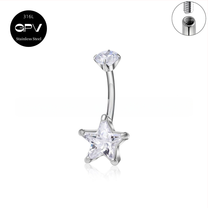 Köldökgyűrű titániumötvözetből, szív alakú, cirkón kövek négyszög, téglalap, háromszög, kör vagy szív formában