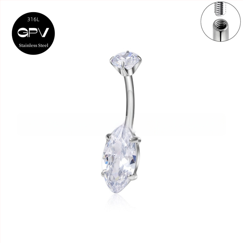 Köldökgyűrű titániumötvözetből, szív alakú, cirkón kövek négyszög, téglalap, háromszög, kör vagy szív formában