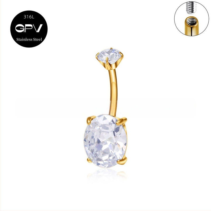 Köldökgyűrű titániumötvözetből, szív alakú, cirkón kövek négyszög, téglalap, háromszög, kör vagy szív formában