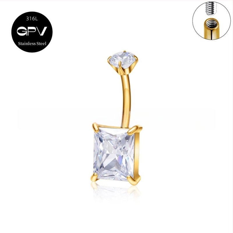 Köldökgyűrű titániumötvözetből, szív alakú, cirkón kövek négyszög, téglalap, háromszög, kör vagy szív formában