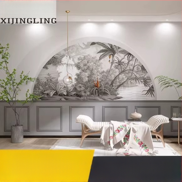 Sienų tapetai: prancūziškos gipso linijos dizainas, šilko medžiaga, dėmių atsparumas