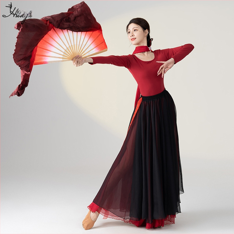 Šokių kostiumas klasikinio kinų etninio stiliaus šokiams, ilgas plaukiantis suknelės komplektas, Modal + Tencel Wrinkle audinys, 30% medvilnė