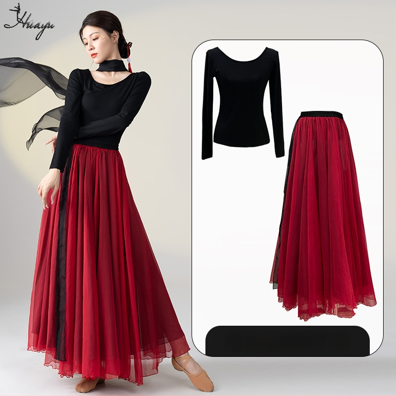 Šokių kostiumas klasikinio kinų etninio stiliaus šokiams, ilgas plaukiantis suknelės komplektas, Modal + Tencel Wrinkle audinys, 30% medvilnė