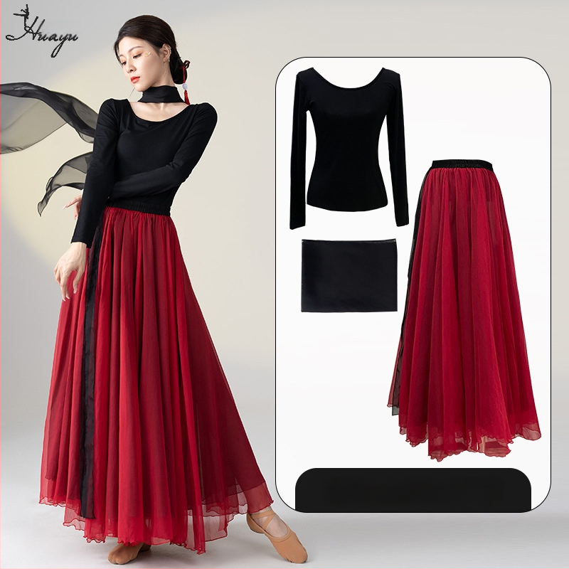 Šokių kostiumas klasikinio kinų etninio stiliaus šokiams, ilgas plaukiantis suknelės komplektas, Modal + Tencel Wrinkle audinys, 30% medvilnė