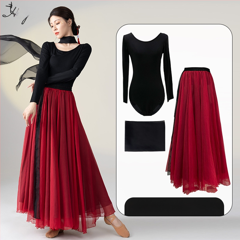 Šokių kostiumas klasikinio kinų etninio stiliaus šokiams, ilgas plaukiantis suknelės komplektas, Modal + Tencel Wrinkle audinys, 30% medvilnė