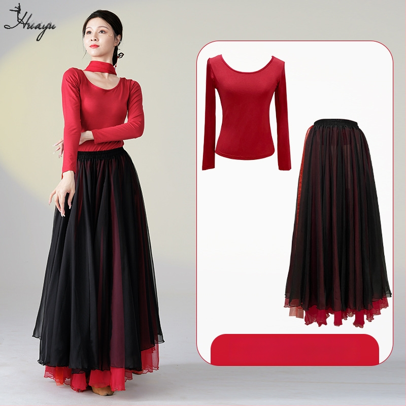 Šokių kostiumas klasikinio kinų etninio stiliaus šokiams, ilgas plaukiantis suknelės komplektas, Modal + Tencel Wrinkle audinys, 30% medvilnė