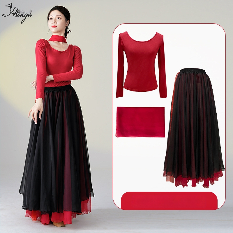 Šokių kostiumas klasikinio kinų etninio stiliaus šokiams, ilgas plaukiantis suknelės komplektas, Modal + Tencel Wrinkle audinys, 30% medvilnė