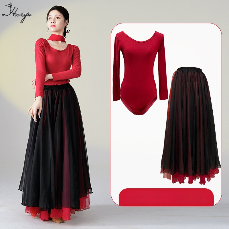 Šokių kostiumas klasikinio kinų etninio stiliaus šokiams, ilgas plaukiantis suknelės komplektas, Modal + Tencel Wrinkle audinys, 30% medvilnė