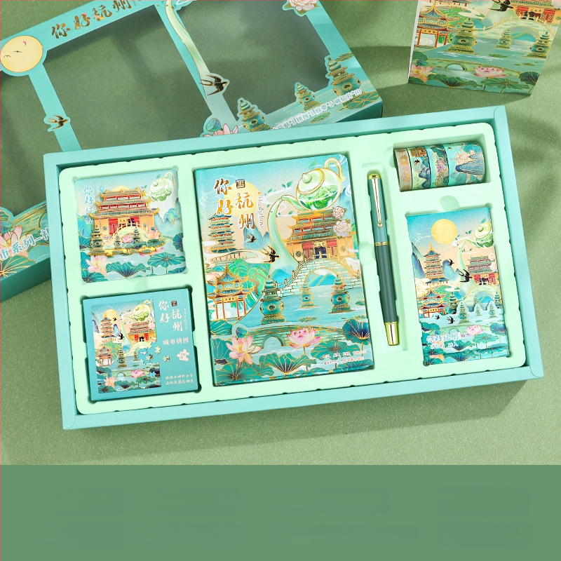 City Notes Napló Készlet – Utazási Látnivalók téma, Papír Napló, Kirakós Szalag és Matricák, Aláírás Toll, Modern Művészeti Ajándékcsomag