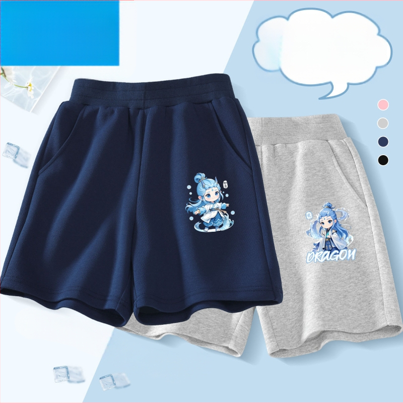 Vaikų kelių ilgio šortai - 100% medvilnė, aukštas liemuo su elastine juosta, Nezha Ao Bing raštas, vaikams nuo 8 metų