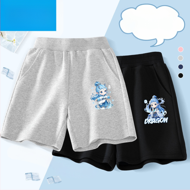 Vaikų kelių ilgio šortai - 100% medvilnė, aukštas liemuo su elastine juosta, Nezha Ao Bing raštas, vaikams nuo 8 metų