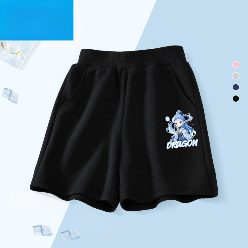 Vaikų kelių ilgio šortai - 100% medvilnė, aukštas liemuo su elastine juosta, Nezha Ao Bing raštas, vaikams nuo 8 metų