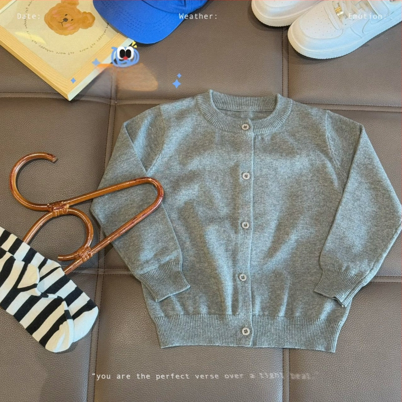 Vaikų medvilninis megztinis kardiganas, 100% medvilnė, megztas audinys, apvalus kaklas, ilgomis rankovėmis
