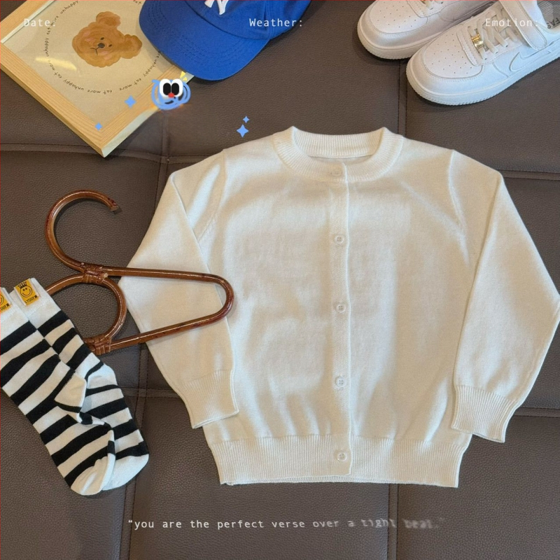 Vaikų medvilninis megztinis kardiganas, 100% medvilnė, megztas audinys, apvalus kaklas, ilgomis rankovėmis