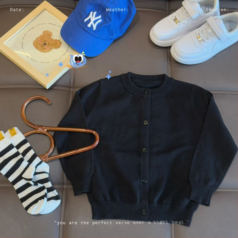 Vaikų medvilninis megztinis kardiganas, 100% medvilnė, megztas audinys, apvalus kaklas, ilgomis rankovėmis