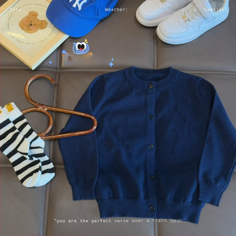 Vaikų medvilninis megztinis kardiganas, 100% medvilnė, megztas audinys, apvalus kaklas, ilgomis rankovėmis